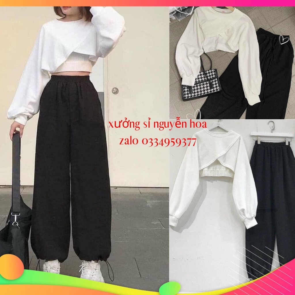 Bộ 3 món áo croptop dài tay + áo 2 dây + quần dài bom có dây rút ống cá tính (kèm video/ảnh thật) nguyễn hoa