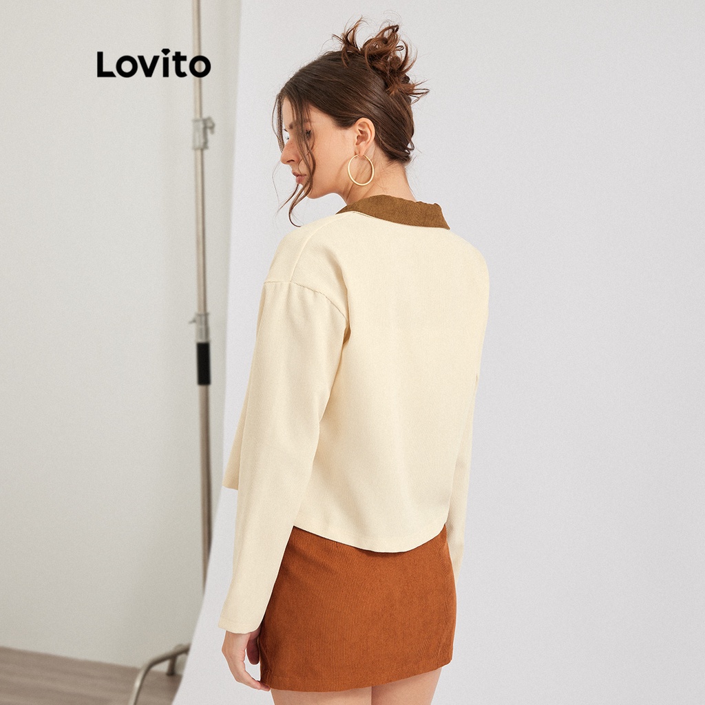 Áo khoác Lovito có nút họa tiết cây cỏ ghép nối màu sắc phong cách thường ngày L30ED061 (màu kaki)