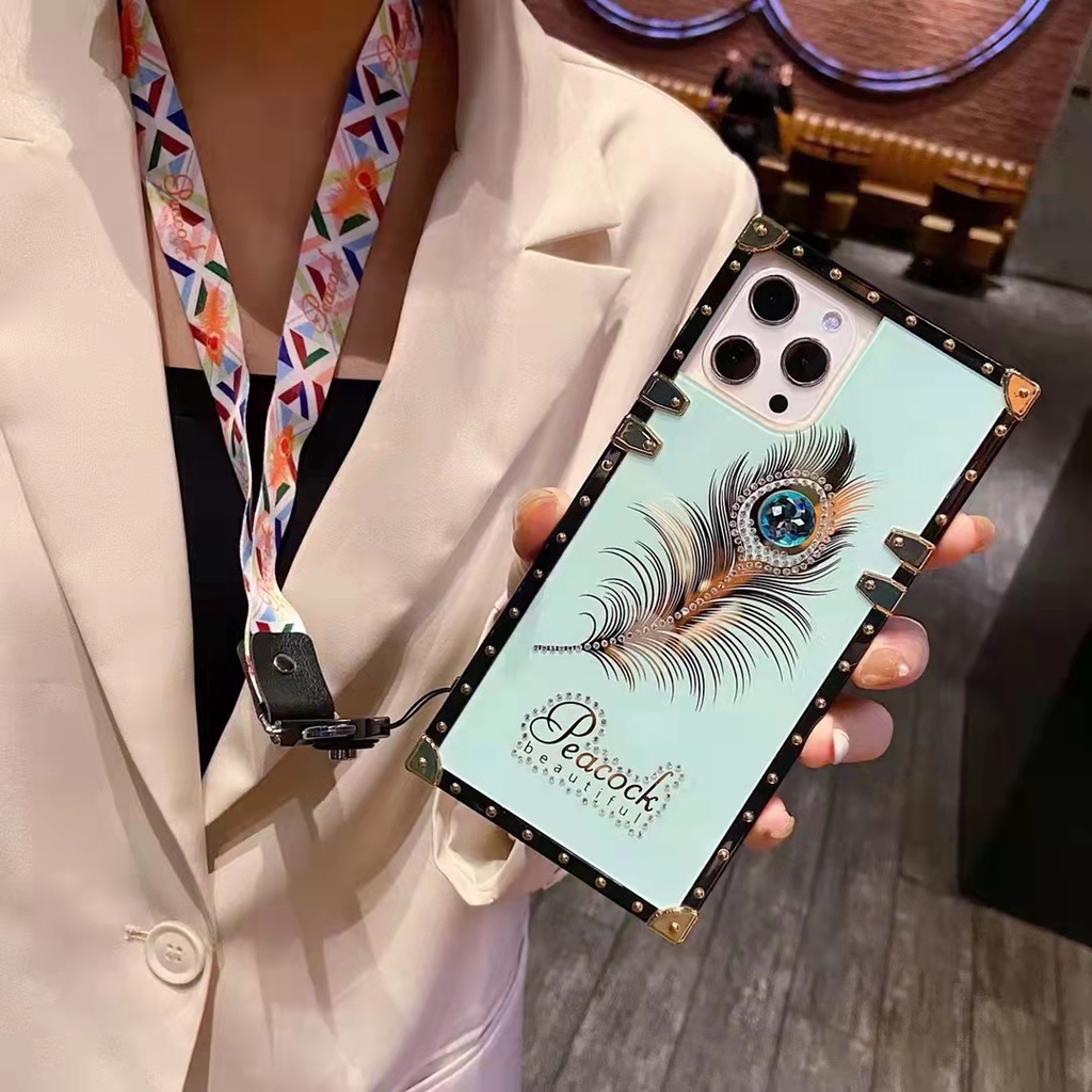 Ốp Điện Thoại Hình Vuông Họa Tiết Lông Vũ + Dây Đeo Sang Trọng Cho IPhone 13 12 11 Pro Max Xs XR 6 6s 8 7Plus