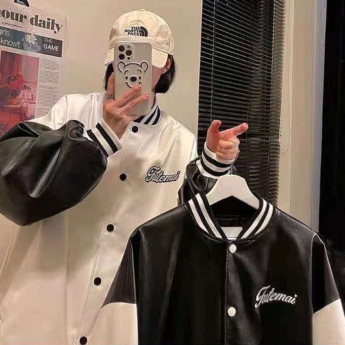 Áo khoác da bóng chày dáng rộng phong cách đường phố thời trang Hàn Quốc cho nam nữ