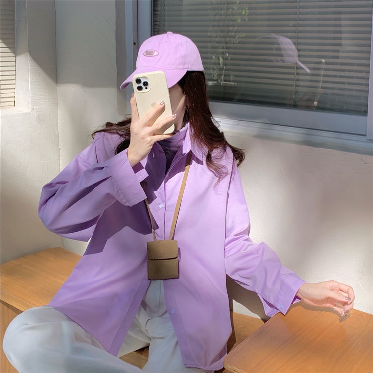Áo Sơ Mi Chống Nắng Tay Dài Dáng Rộng Màu Tím / Xanh Lá Có Cổ Kích Thước Lớn Phong Cách Hàn Quốc Cho Nữ Shara