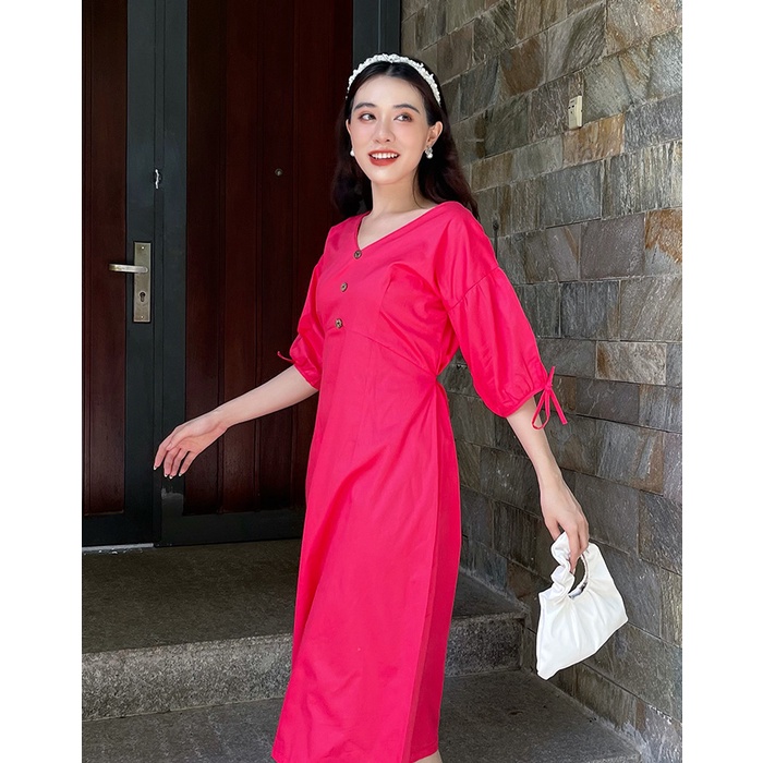 Đầm Kaki Midi Tay Phồng Dài Cổ V Nút Gỗ Màu Hồng MIRABOZZI Đi Chơi, Công Sở, Đường May Tỉ Mỉ MDRF008