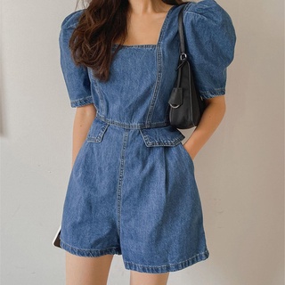 Jumpsuit Denim Tay Phồng Ôm Eo Phong Cách Hàn Quốc Mẫu 2021 Thời Trang Mùa Hè Cho Nữ