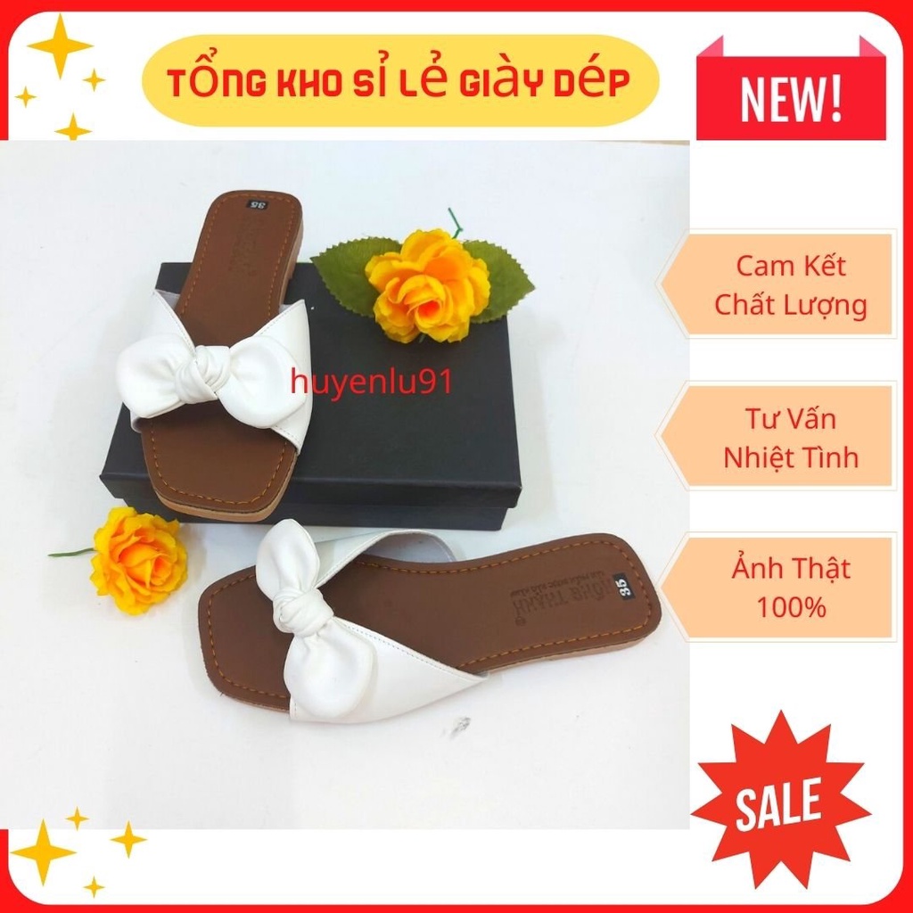 Dép lê thắt nơ,dép thời trang da mềm êm chân, sandal nữ quai ngang đế kếp HL0014