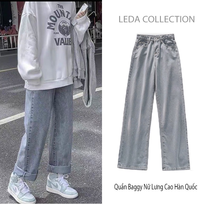 Quần jean Baggy ống suông rộng lưng cao nữ Ulzzang style Hàn Quốc