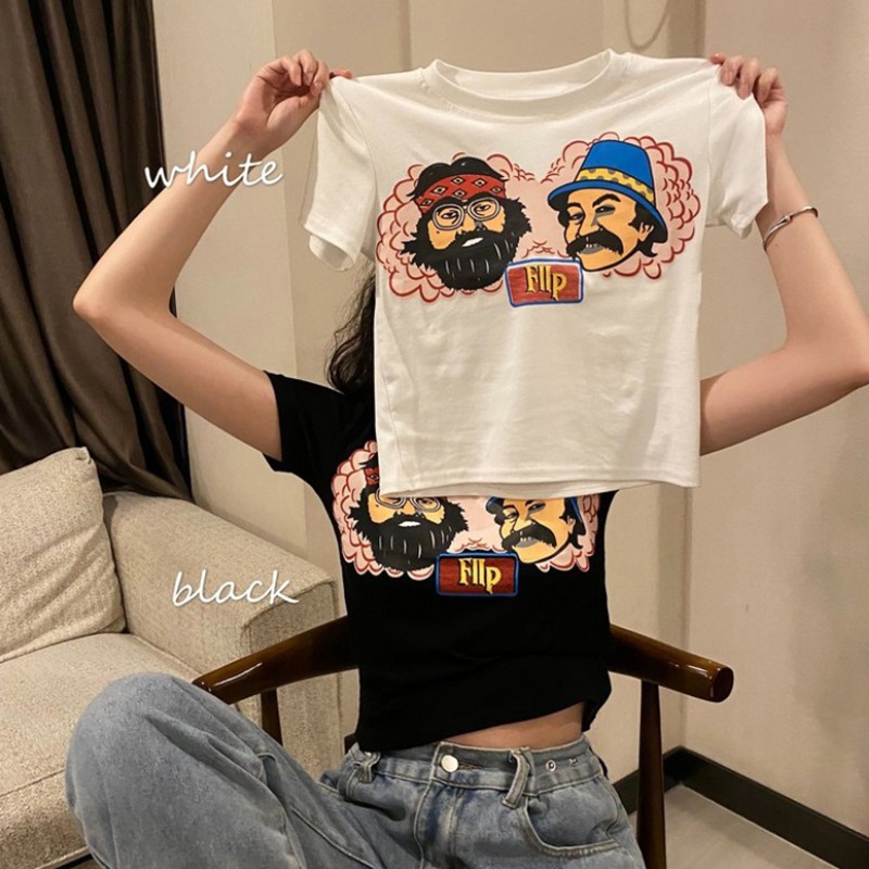 Áo Croptop Tay Ngắn Cổ Tròn Hoạ Tiết In Phong Cách Hàn Quốc