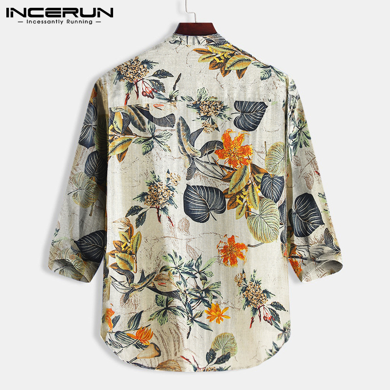 INCERUN Mens Casual Pure Cotton Loose Floral Half Sleeve Shirts Button Up Tops