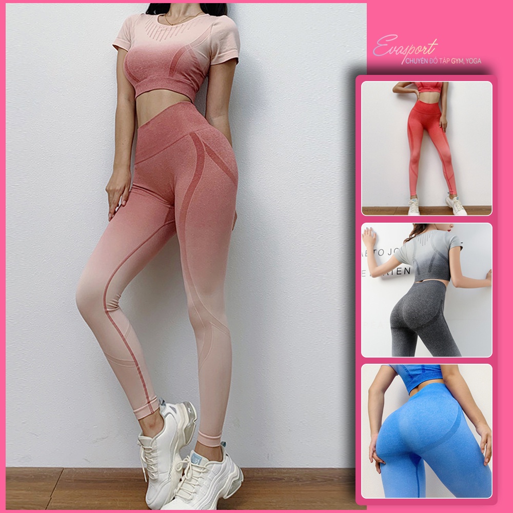 Set quần áo Gs 2 tập gym, yoga aerobic gồm áo croptop, quần legging dài nữ vải dệt kim, co giãn