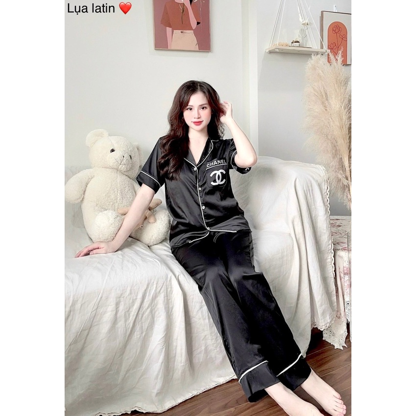 Bộ ngủ Pijama nữ lụa Latin viền Chữ trắng / đen sang trọng - pijama xinh giá rẻ
