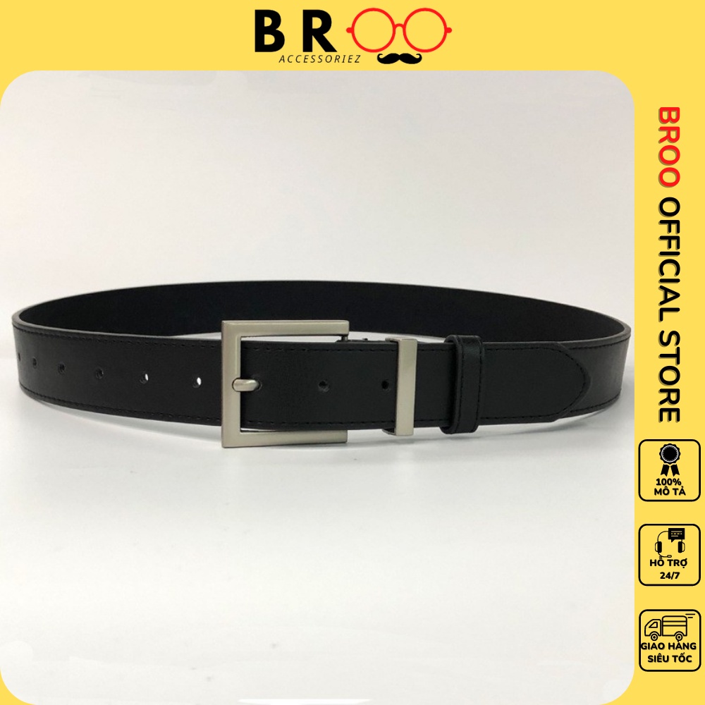 Thắt lưng da nam nữ BROO mặt vuông chữ nhật màu bạc đẹp, dây nịt lưng ulzzang unisex bản dây 3.3cm