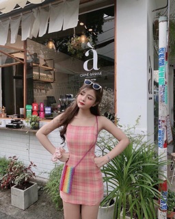 Đầm caro hồng nơ lưng