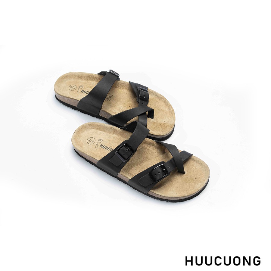 Dép unisex HuuCuong xỏ ngón da bò đen đế trấu