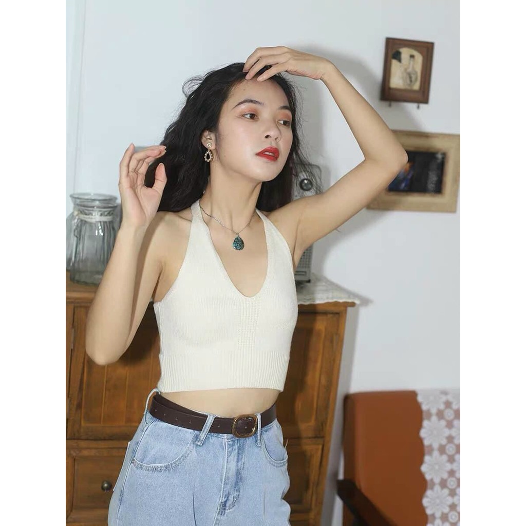 Áo crop yếm cột dây len