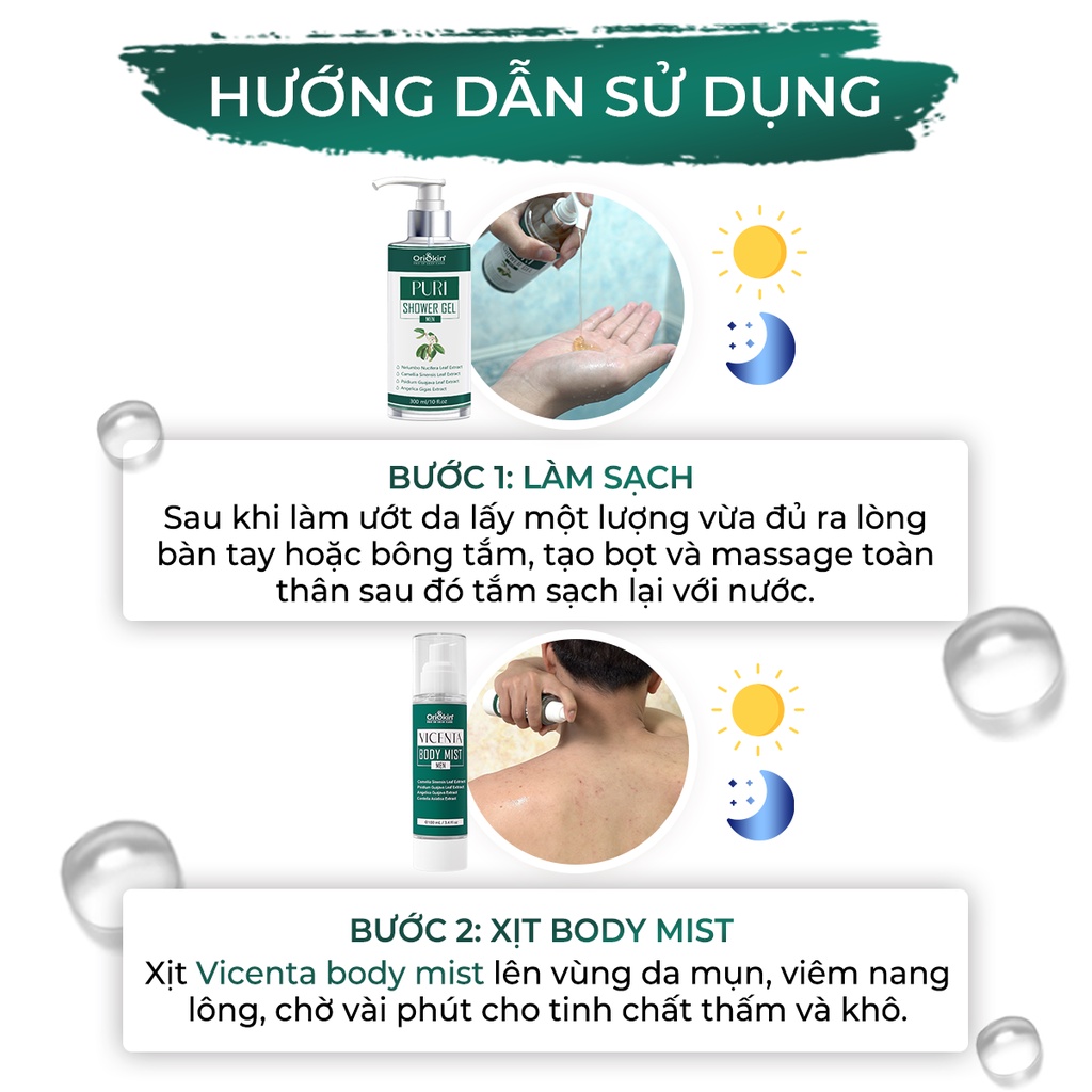 Xịt Mụn Lưng , Giảm Mụn Sưng , Mụn Viêm , Mụn Trứng Cá , Giảm Viêm Nang Lông Nam Giới Oriskin Vicenta Body Mist 100ml