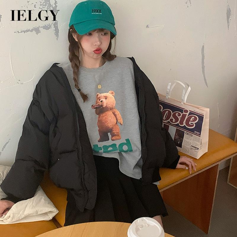 Áo thun IELGY tay ngắn dáng rộng in hình chú gấu hoạt hình kiểu Hàn Quốc cho nữ