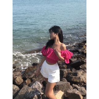 Áo croptop trễ vai Midi Shop, croptop tay ngắn bánh bèo có thun ngực hai tầng