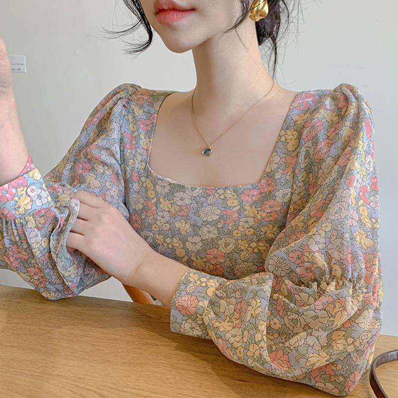 Áo chiffon dài tay họa tiết hoa phong cách thời trang hè ngọt ngào dịu dàng