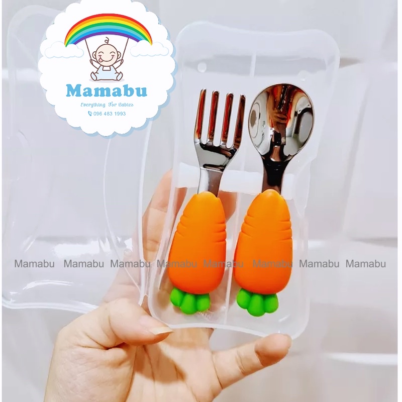 Set Thìa Dĩa Tập Xúc Tập Ăn Cho Bé Hình Cà Rốt, Chân Mèo Đáng Yêu Chất Liệu Inox 304 An Toàn Mamabu