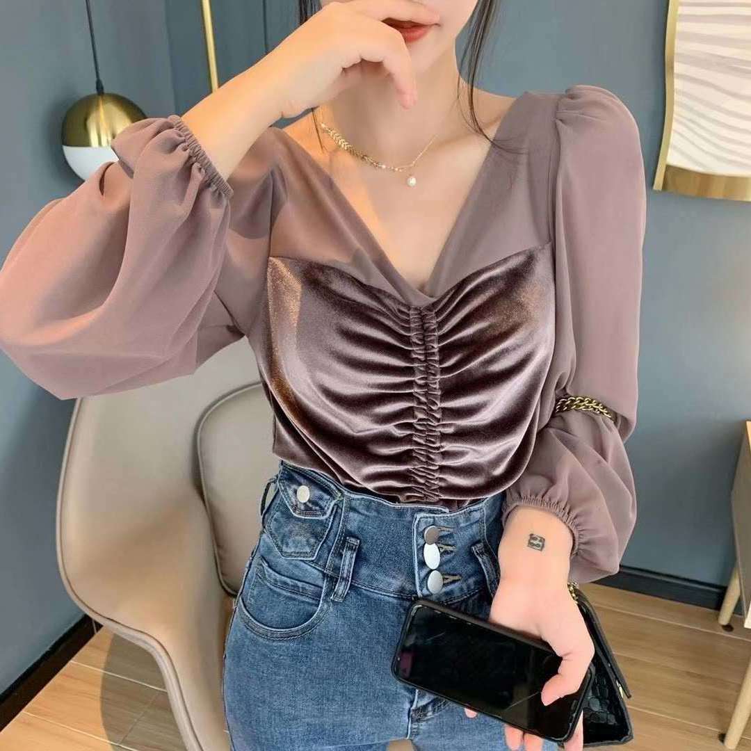 Áo Kiểu Vải Voan Tay Phồng Cổ Chữ V Phối Dây Rút Thời Trang Trẻ Trung