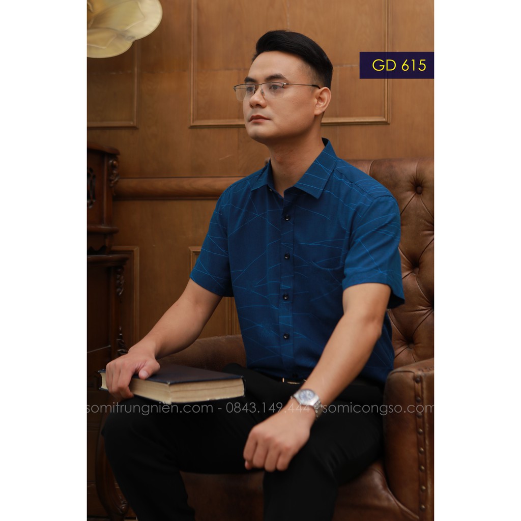 [HÀNG VIỆT NAM] Áo sơ mi Nam  thương hiệu Anton trung tuổi cộc tay vải sợi tre màu xanh sẫm họa tiết chìm – GD615 | BigBuy360 - bigbuy360.vn