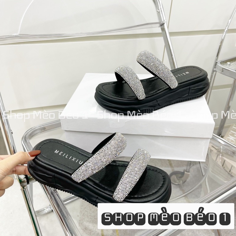 Dép hai quai đá ngang đế cao fullbox hàng quảng châu cao cấp