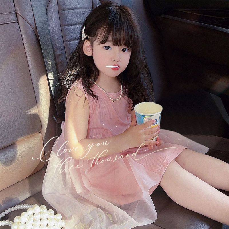 Se7en Đầm Công Chúa Sát Nách Cổ Tròn Phối Lưới Thời Trang Mùa Hè Hàn Quốc Cho Bé