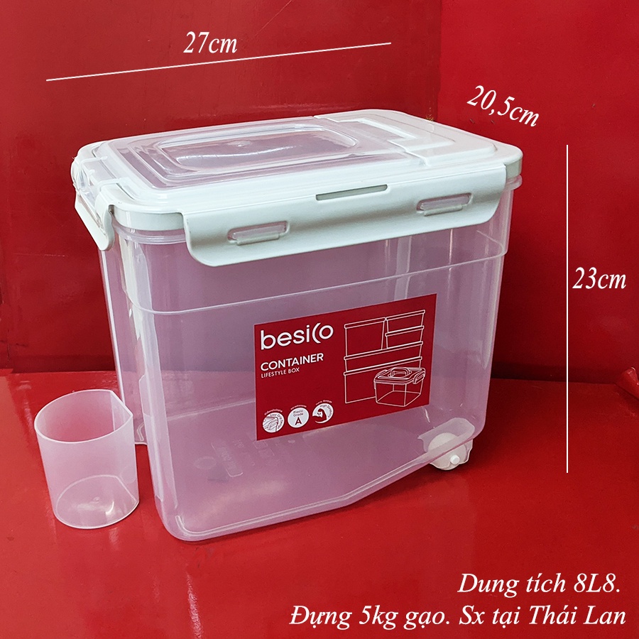 Hộp nhựa đựng đồ, thùng đựng gạo 5kg gạo 8L8, có 2 bánh xe, nắp kép khóa cài, mở đứng, Thái sx 27x20.5cm cao 23.2cm 1398