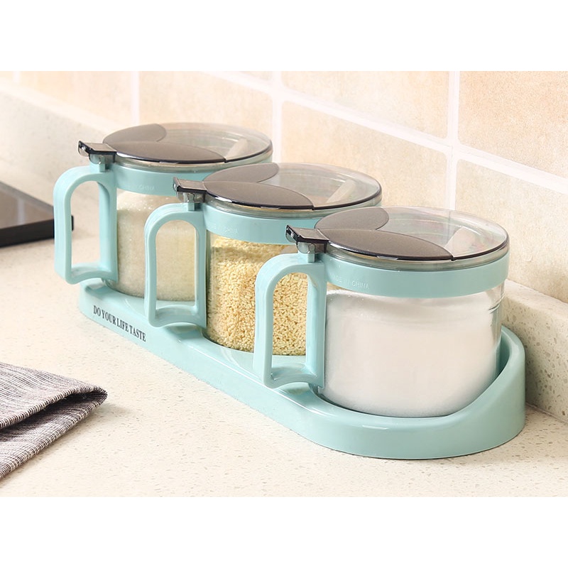 Combo 3 hũ đựng gia vị có nắp đậy và kệ đựng đi kèm - Tặng kèm thìa