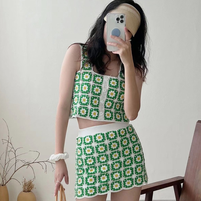 Bộ Áo Tank Top Khoét Lỗ + Chân Váy Phong Cách Boho Thời Trang Mùa Hè Cho Nữ