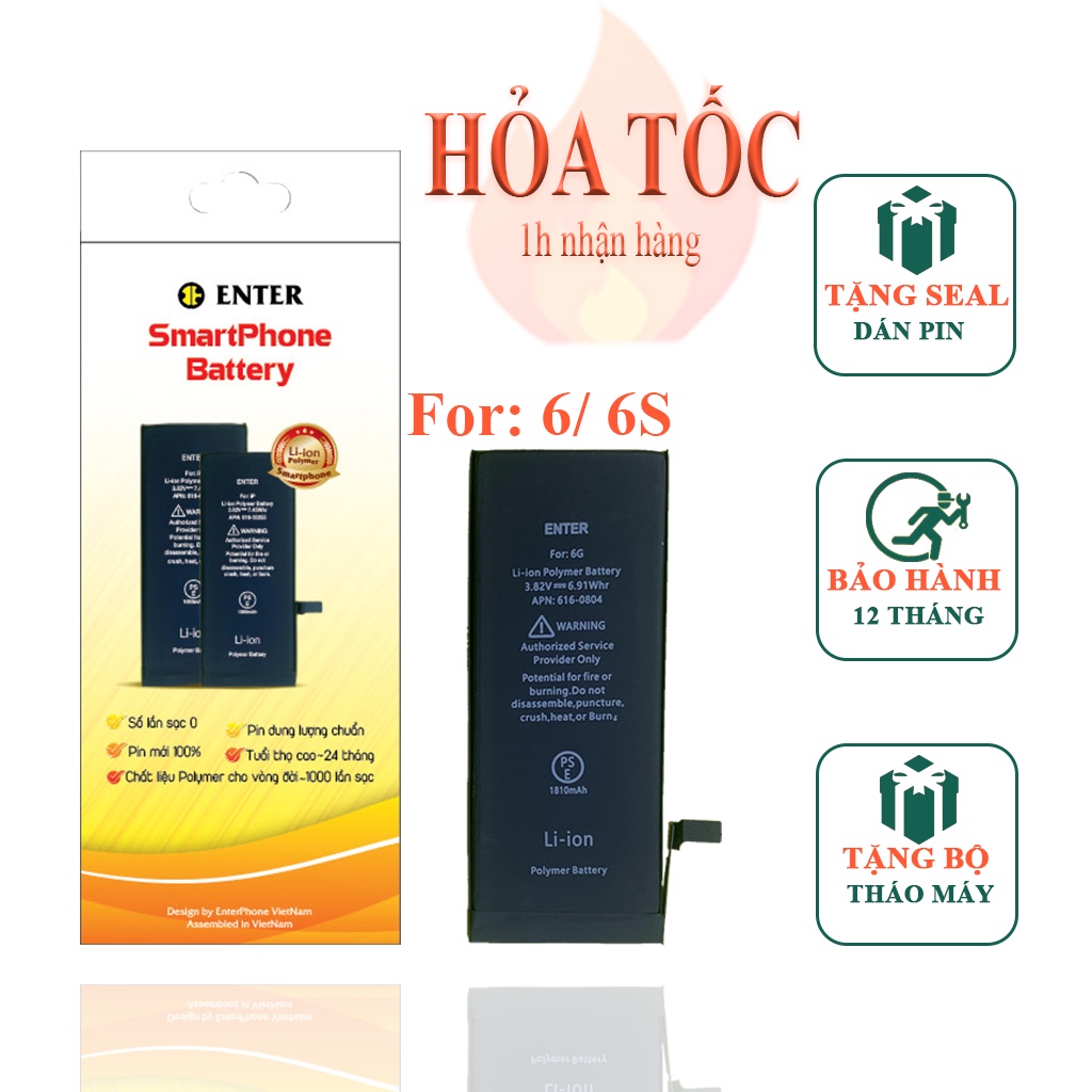 Pin ĐT Táo 6G/ 6S Enter bảo hành 12 tháng