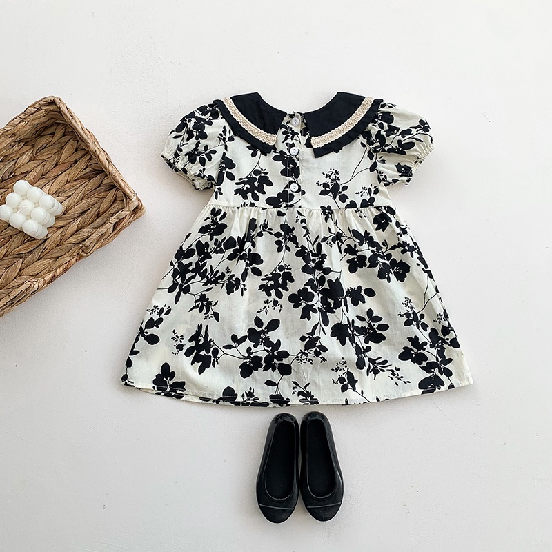 Đầm Công Chúa Tay Ngắn Màu Đen Phối Hoa Thời Trang Mùa Hè Cho Bé Gái