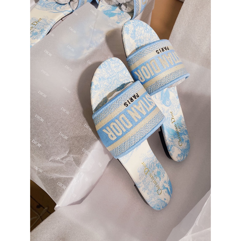 Dway Vớ Cotton Phẳng Trượt Thêu Họa Tiết Hoa Ngô Toile de Jouy Màu Xanh Dương Cho Nữ