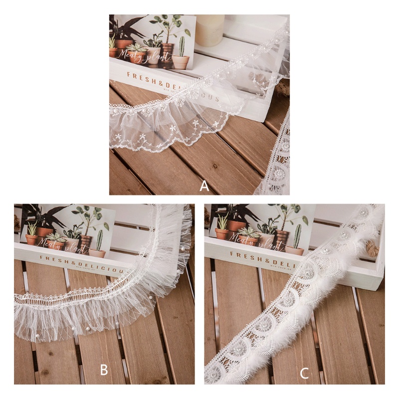 Dây ruy băng ren lưới đính ngọc trai giả xếp ly dài 1 yard dùng trang trí váy cưới DIY