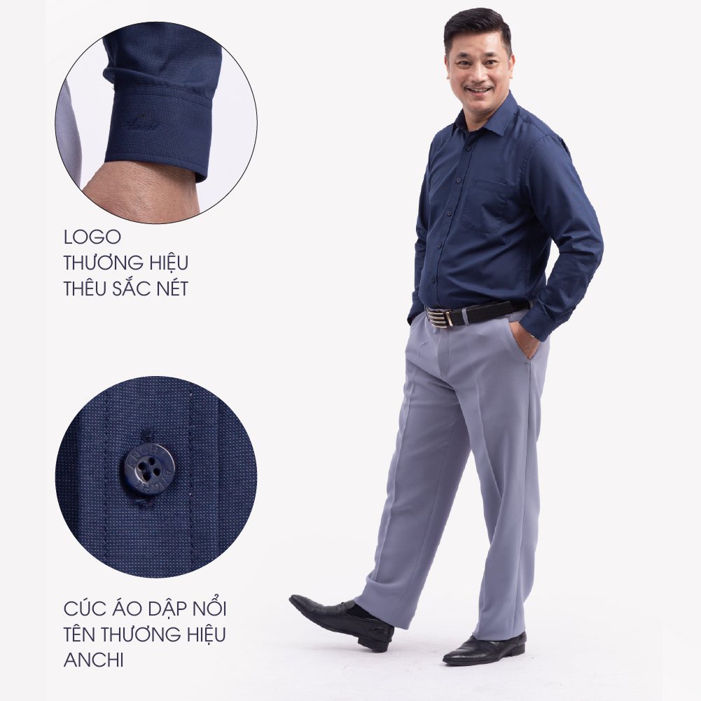 Áo Sơ Mi Nam Dài Tay Trung Niên ANCHI Màu Xanh Than Trơn Vải Sợi Tre Cao Cấp