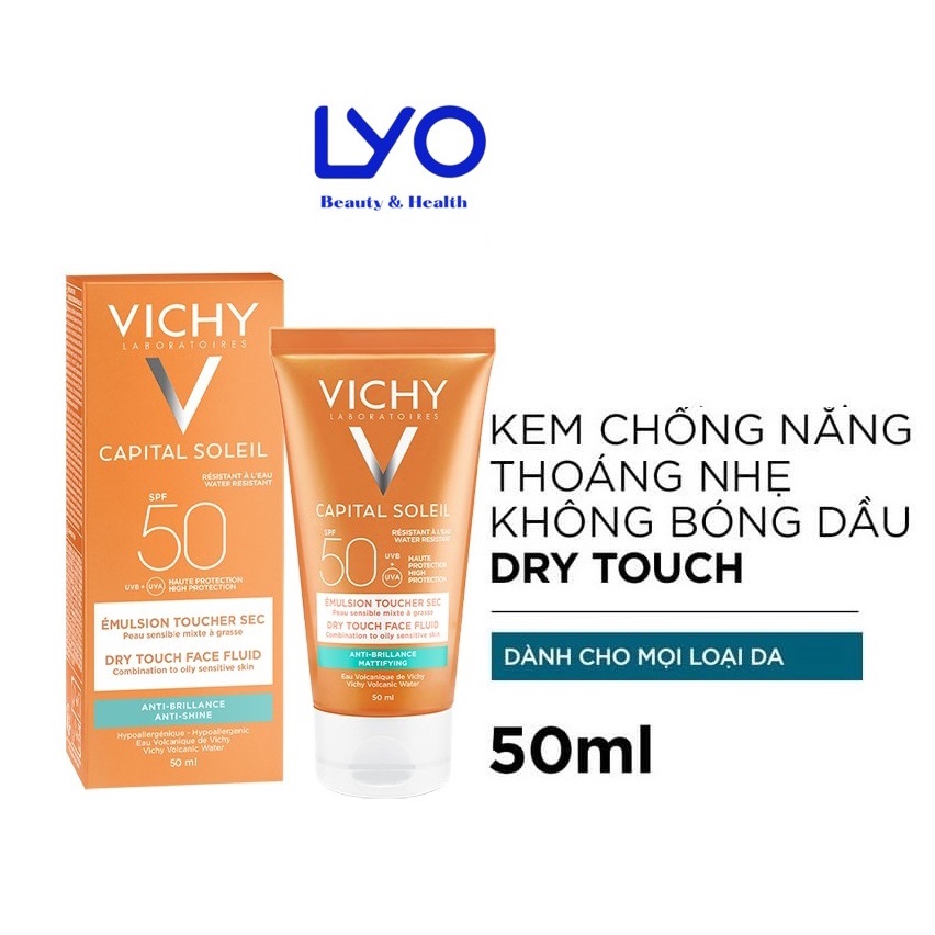 Kem chống nắng vichy cho da dầu không nhờn rít SPF 50 UVB + UVA Vichy Capital Soleil Dry Touch Face Fluid 50ml.