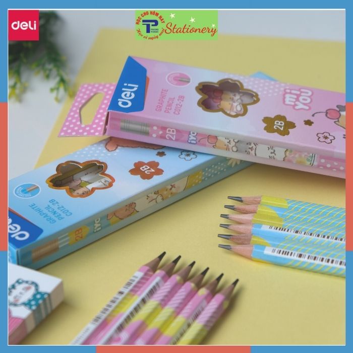 Bút chì 2B Deli - Viết chì hình hoạt hình Miyou - Màu xanh/ hồng- 12 chiếc/ hộp - C012