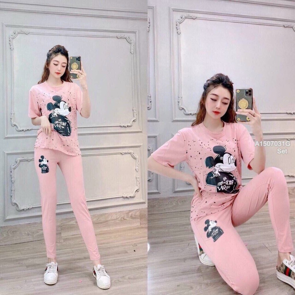 Đồ bộ nữ quần dài áo in chất liệu cotton