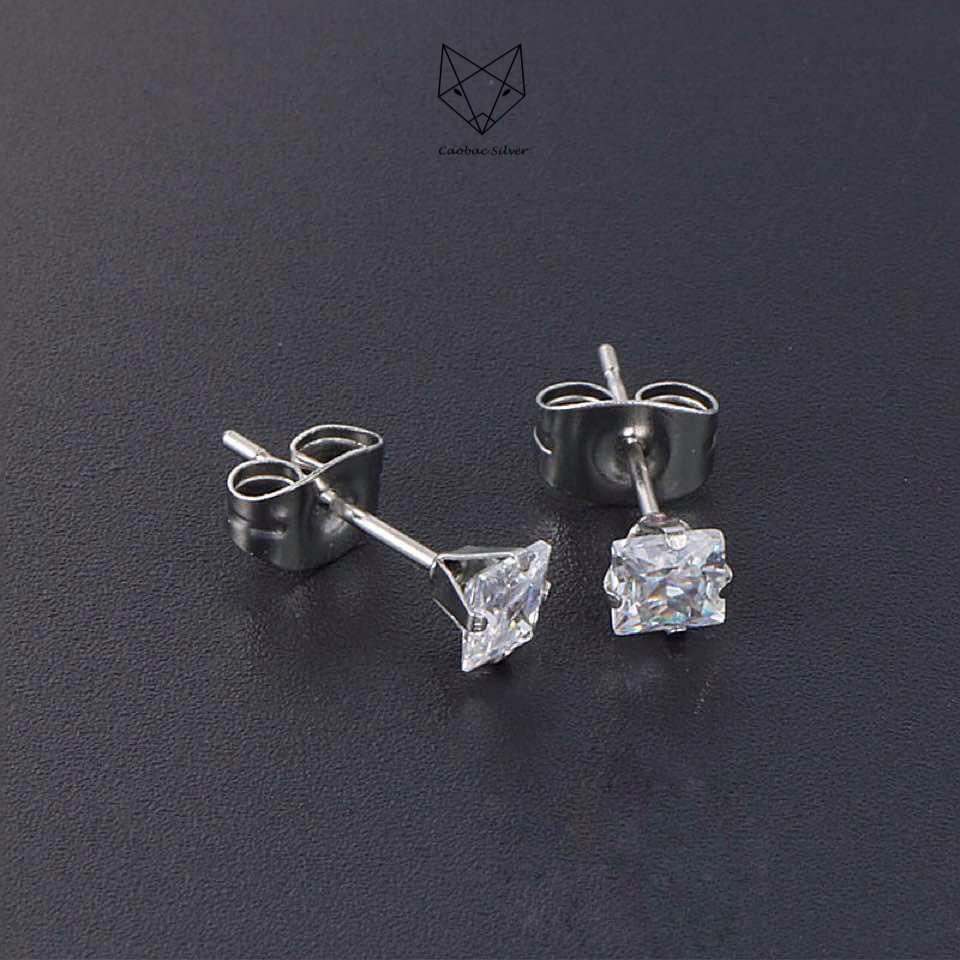 Khuyên Bạc Ta S925 Cao Cấp CaoBac Silver Nụ Đá Vuông Đơn Giản, Cá Tính Thời Trang Phụ Kiện Trang Sức Unisex Cá Tính