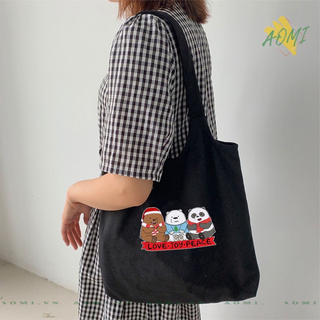 TOTE CANVAS Kawaii 3 chú gấu we are bear FORM TRÒN TÚI VẢI ĐEO VAI BAG NÚT BẤM SIZE LỚN AOMIVN DU LỊCH DẠO PHỐ CÁ TÍNH