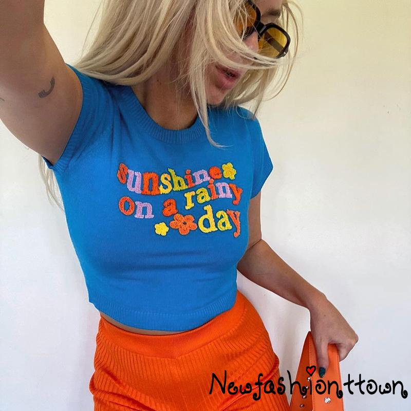NFashion-Female T-Shirt, Letter Flower Patterns Crew Neck Short Sleeve Knitted Crop Tops Summer Outfit, S/M/L