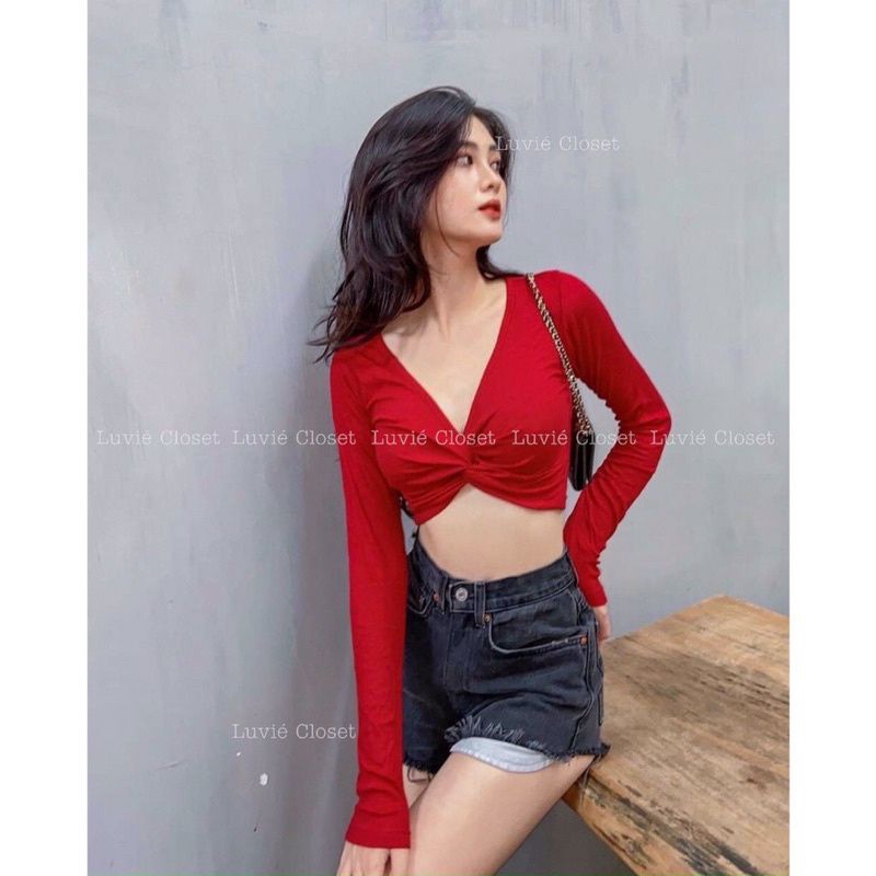 Áo Gân Xoắn Ngực Tay Dài Croptop