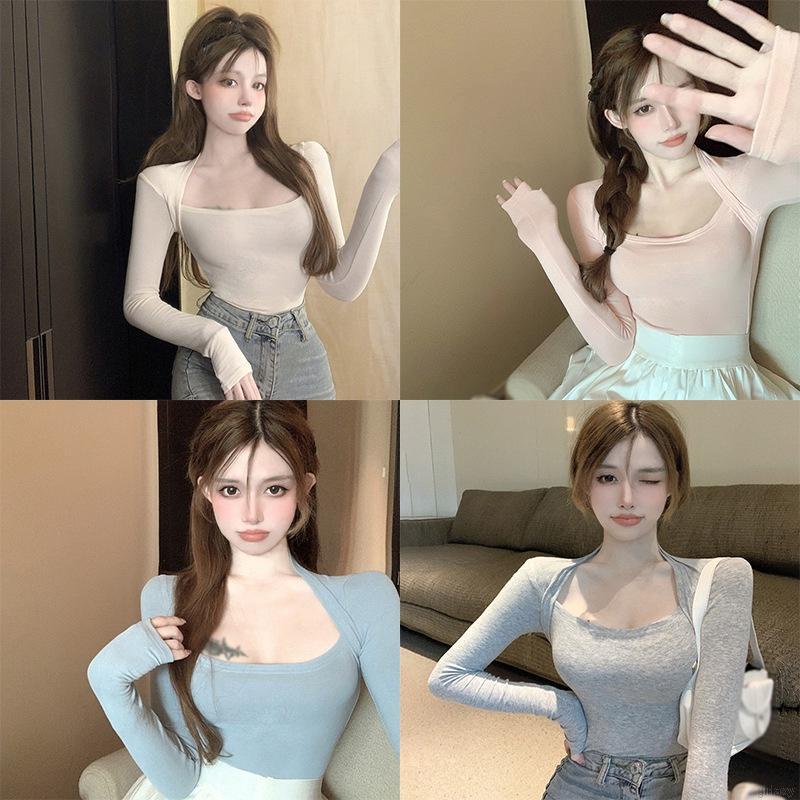 Áo kiểu tay dài cổ vuông màu sắc thanh lịch thời trang dành cho nữ