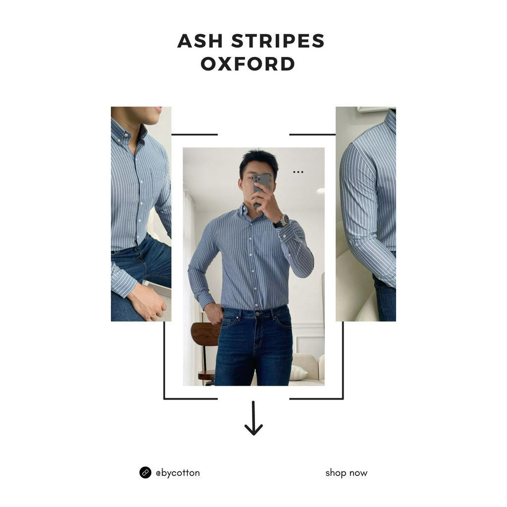Áo Sơ Mi Nam Dài Tay Xám Tro Phối Sọc BY COTTON Ash Stripes Oxford