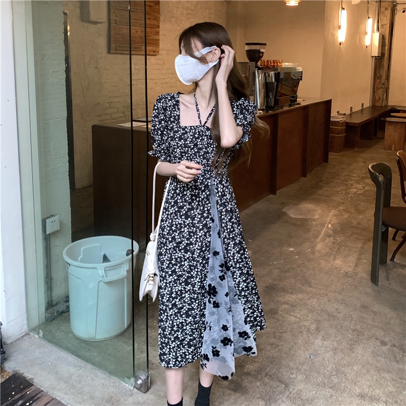 Đầm ZHELIHANGFEI họa tiết hoa cổ vuông dáng dài xinh xắn dành cho nữ