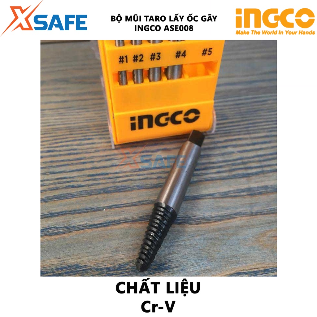 Bộ mũi taro lấy ốc gãy 5 chi tiết INGCO ASE008 Bộ 5 mũi ven răng size 3~6mm,6~8mm,8~11mm, 11~14mm,14~18mm