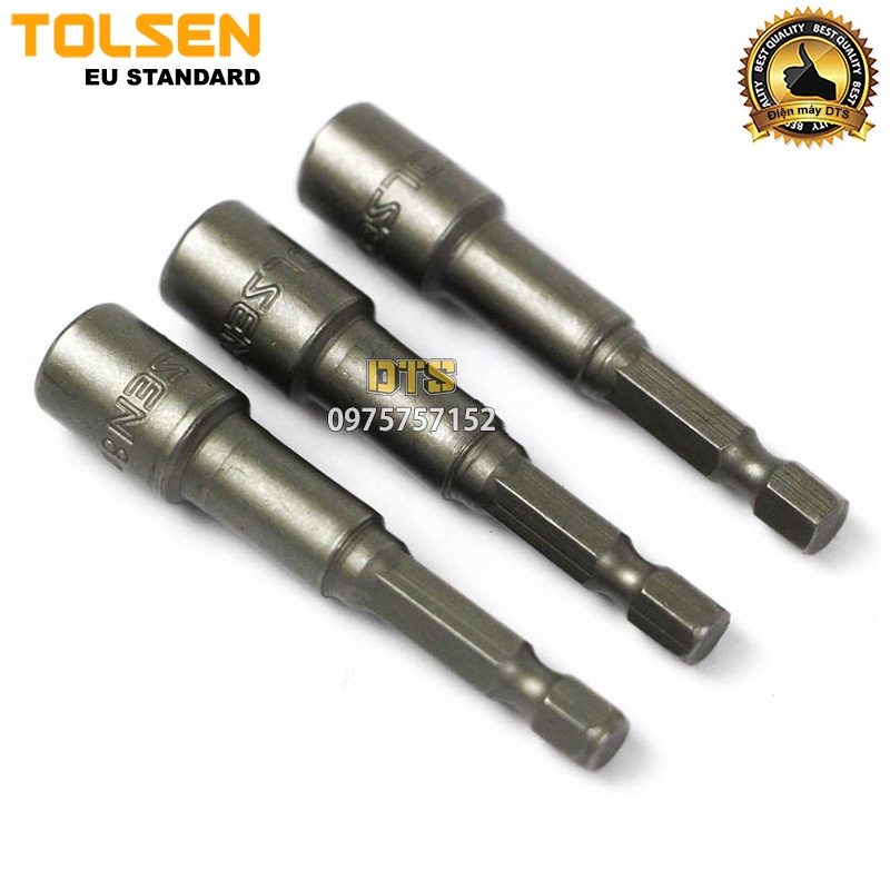 Bộ 3 đầu bắn tôn công nghiệp TOLSEN 8mm, đầu chụp đầu bắn bulong có nam châm hút dài 65mm hàng cao cấp, đầu vít bắn tôn