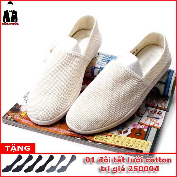 Giày lười nam L48, giày vải slipon sợi Canvas màu trắng trơn và Nâu phong cách độc đáo, cá tính SM