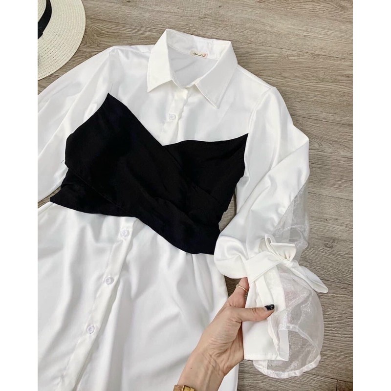 ÁO SƠMI GIẤU QUẦN LIỀN DOUBLE SHIRT DÁNG DÀi TAY ĐẮP CHÉO CỘT NƠ ĐEN PHÍA SAU