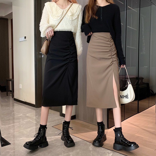 Chân váy nữ dáng dài xẻ tà có nhún ngay eo, chân váy lưng cao dáng dài chất vải dày dặn Okélla