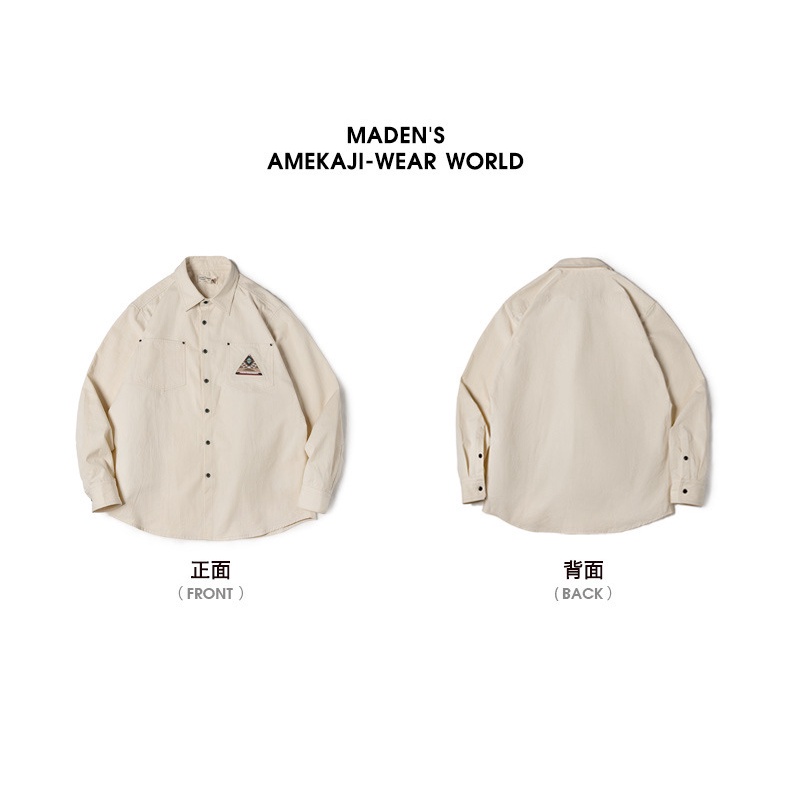 Áo sơ mi nam Maden tay dài thêu vật tổ Ấn Độ có túi gia công máy retro Nhật màu off-white